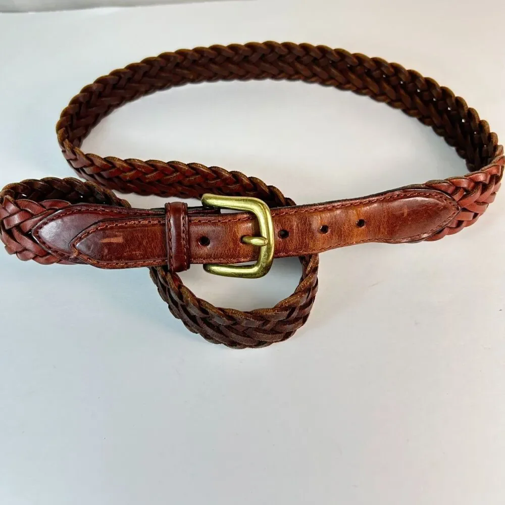 Men's Brown Leather Braided Woven Solid Brass Buckle Vintage Belt Size 38